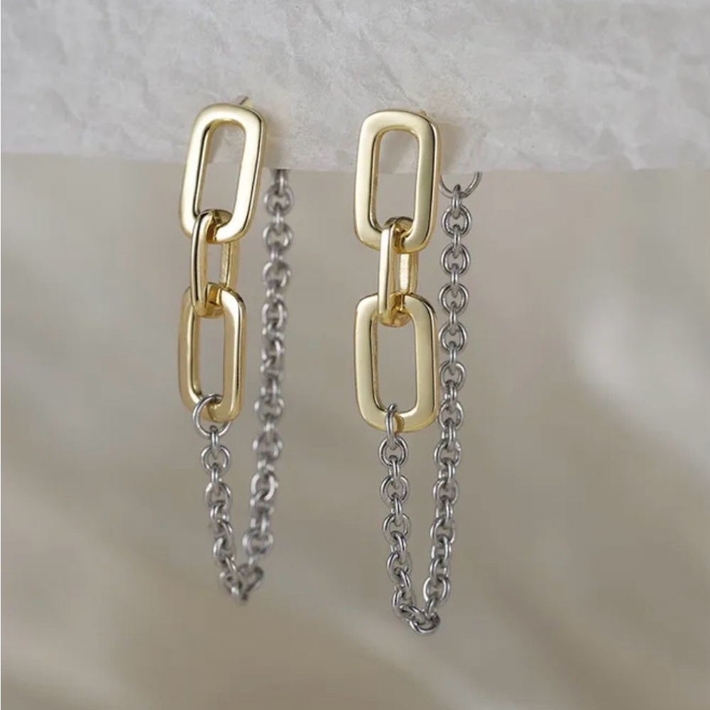 Sterling Silver Two-Tone Chain Link Drop Earrings - Picture 2 of 5